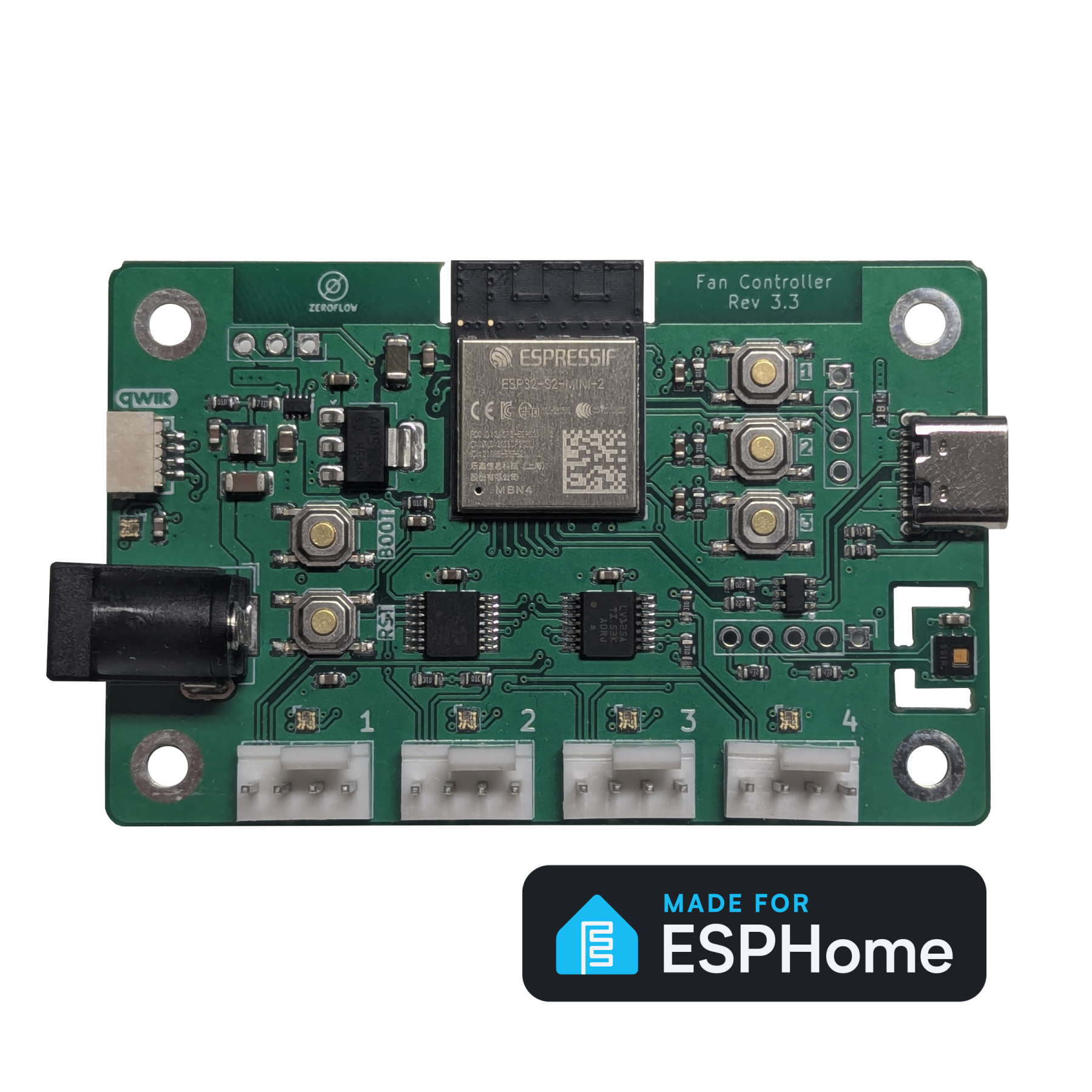ESP32-S2 WiFi Fan Controller for Home Assistant - 4x PWM, Made for ESPHome